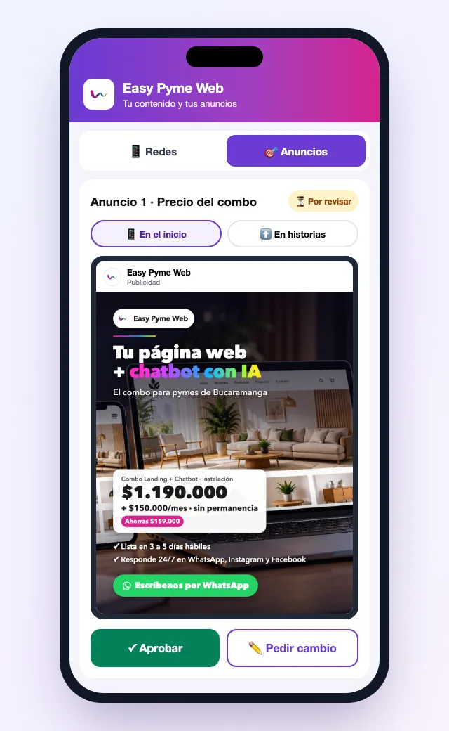 Portal del cliente de Easy Pyme Web en el celular: vista previa del anuncio con los botones Aprobar y Pedir cambio