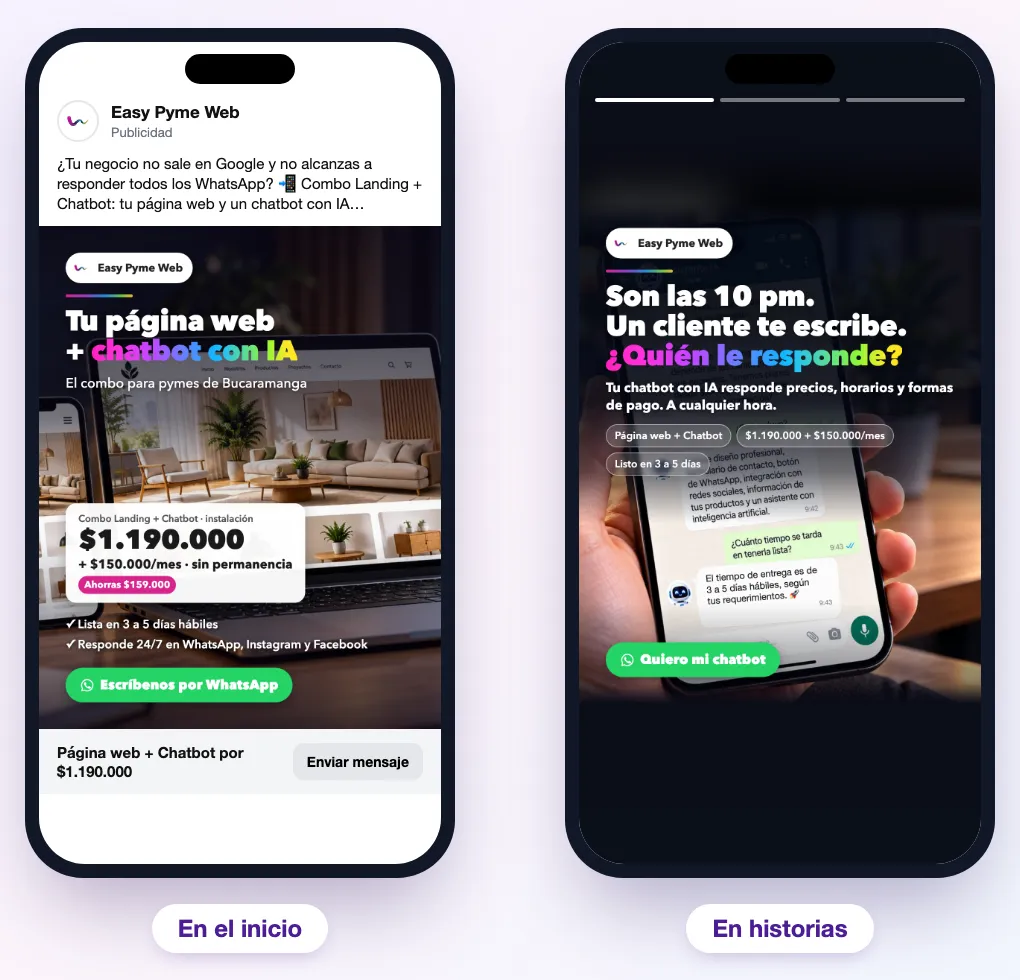 Ejemplo de anuncio en Facebook e Instagram diseñado por Easy Pyme Web: versión para el inicio y para las historias, con el precio del combo página web + chatbot
